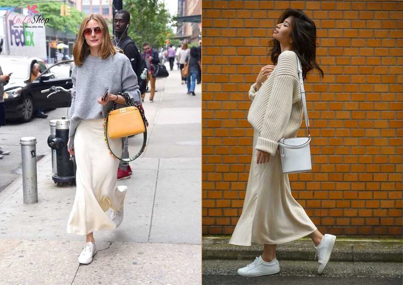 Áo sweater cùng chân váy dài sẽ thích hợp với những bạn nữ có style dịu dàng, thanh lịch