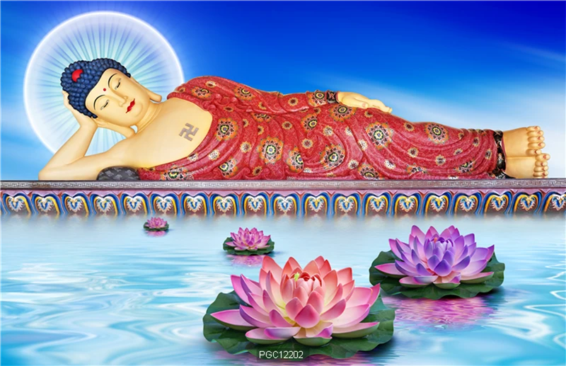 Đức Phật A Di Đà trên người mặc áo cà sa màu đỏ, tượng trưng cho mặt trời lặn Phương Tây