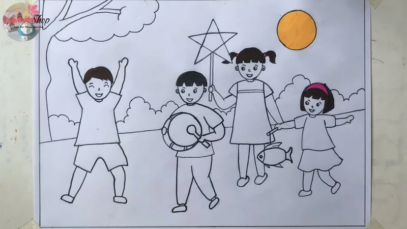 Dùng bút đen viền các chi tiết và tô phần tóc của các bạn