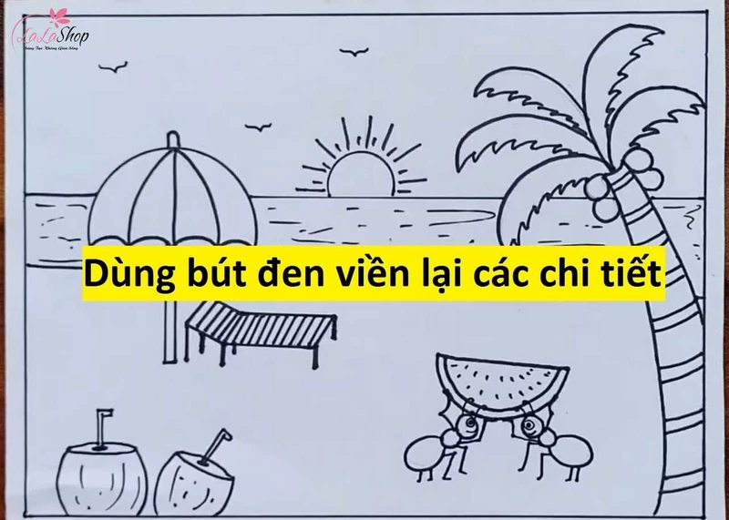 Dùng bút đen viền lại các chi tiết trong tranh