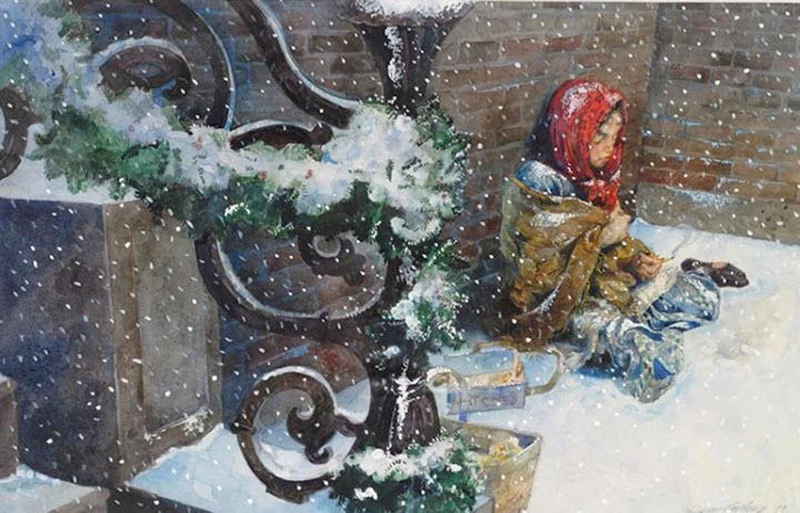 Hình ảnh cô bé bán diêm đẹp nhưng buồn cũng là một gợi ý tuyệt vời khi trang trí Noel