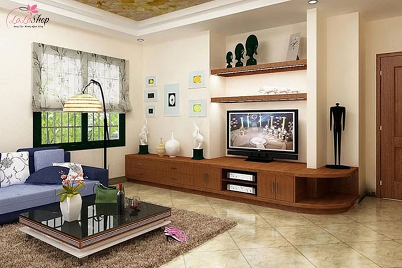 Mẫu trang trí phòng khách nhà cấp 4 với tủ kệ tivi làm điểm nhấn