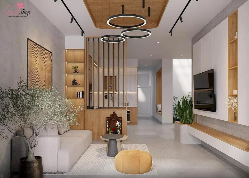 Trang trí phòng khách nhà cấp đẹp hiện đại với đèn chùm