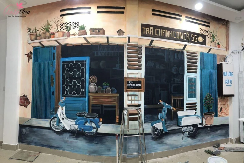 Mẫu tranh vẽ tường quán cafe đẹp mẫu 7