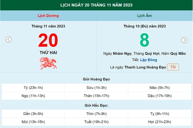 Ngày 20/11 dương, ngày âm là ngày 8 tháng 10 năm 2023