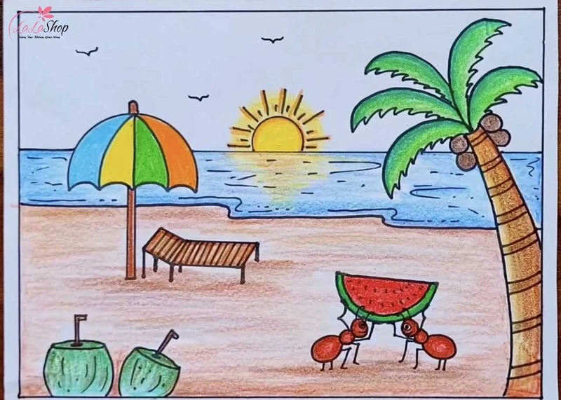 Nhớ dùng màu tô bãi cát tô thêm 1 lớp dưới các sự vật