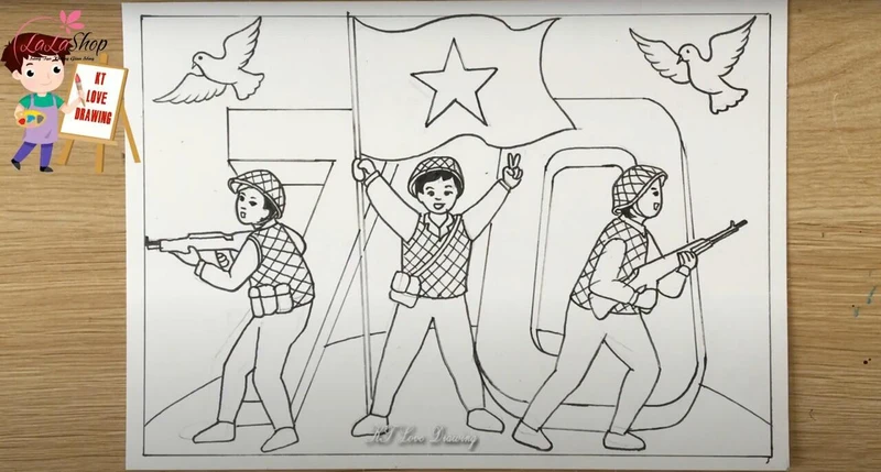 Thêm chi tiết chim bồ câu và viền lại bằng bút đen