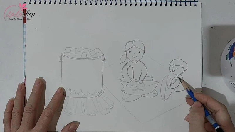 Thêm hình ảnh mẹ và con trai ngồi gói bánh