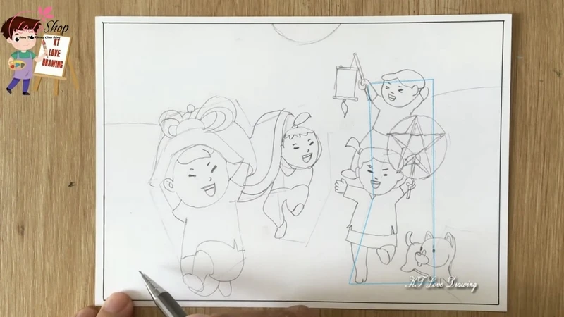 Thêm vào tranh 2 bạn nhỏ cầm lồng đèn và 1 chú cún con