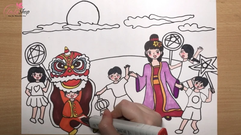 Tô chị Hằng và người múa lân trước với những màu sắc nổi bật