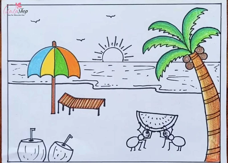 Tô màu cho các chi tiết cây dừa, dù và ghế nằm