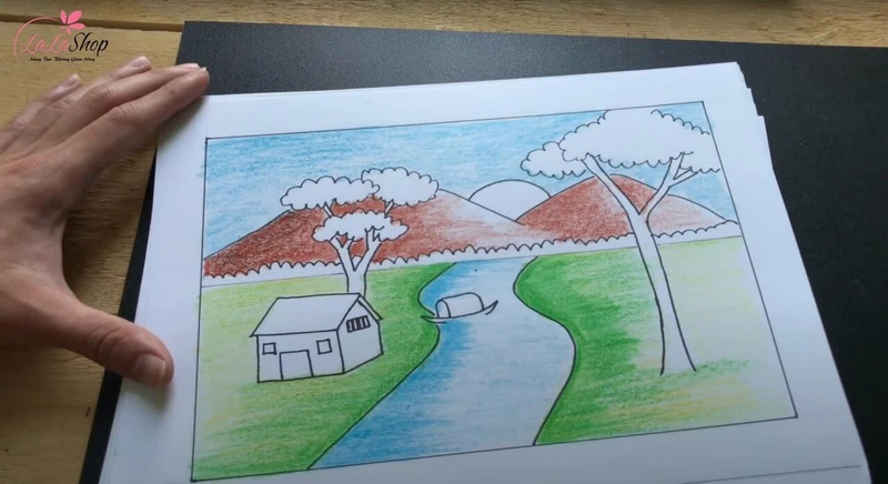 Tô màu tổng thể cho bầu trời, núi và nền cỏ