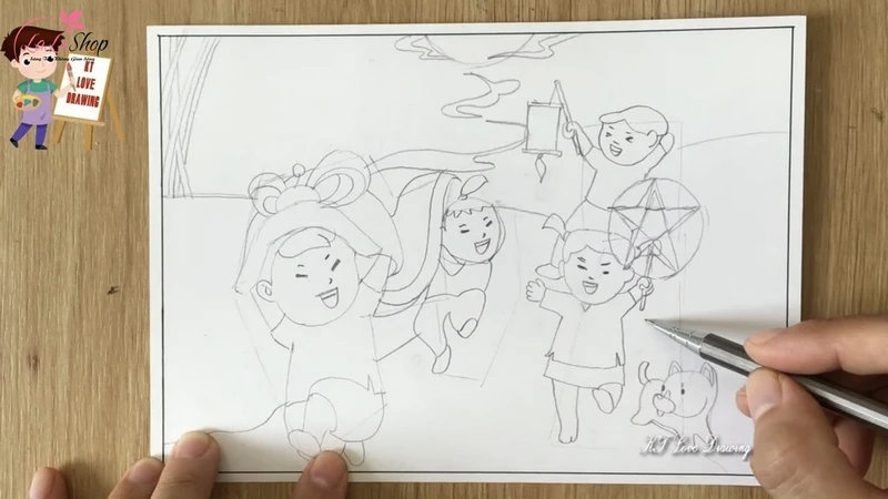 Trang trí cảnh vật bằng bụi tre và thêm chi tiết gợn sóng cho mặt trăng