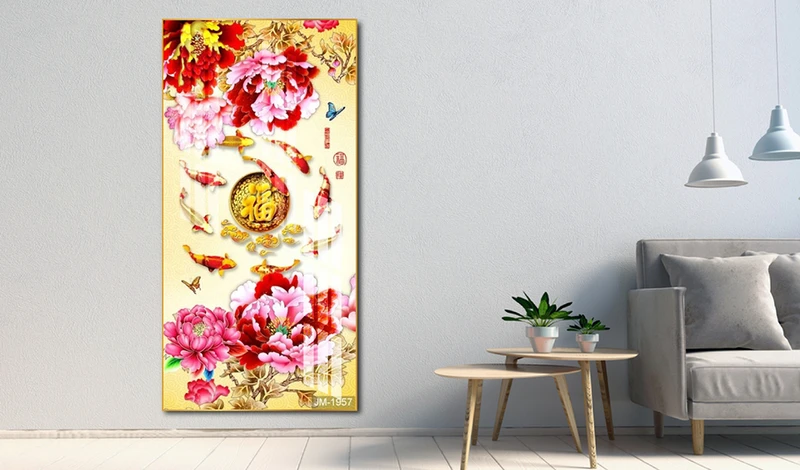 Tranh Cá Chép Hoa Mẫu Đơn Và Chữ Phúc Đỏ