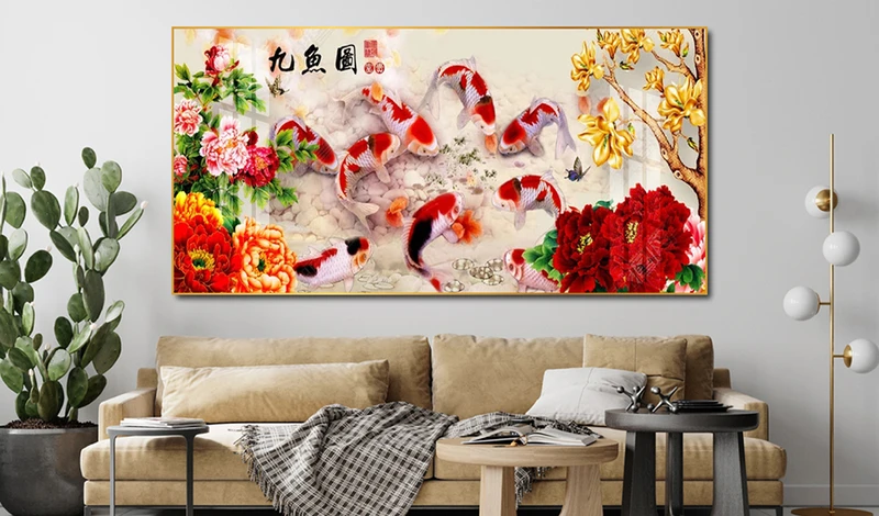 Tranh Cá Chép và Hoa Mẫu Đơn