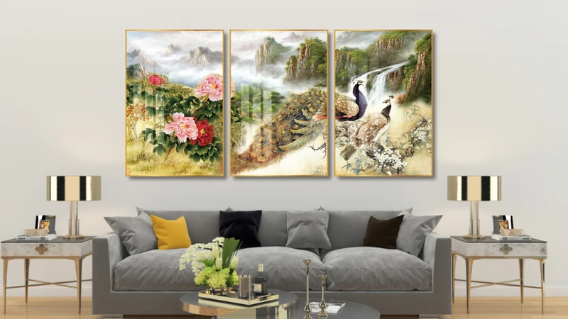 Tranh phong thủy Chim công và Hoa mẫu đơn