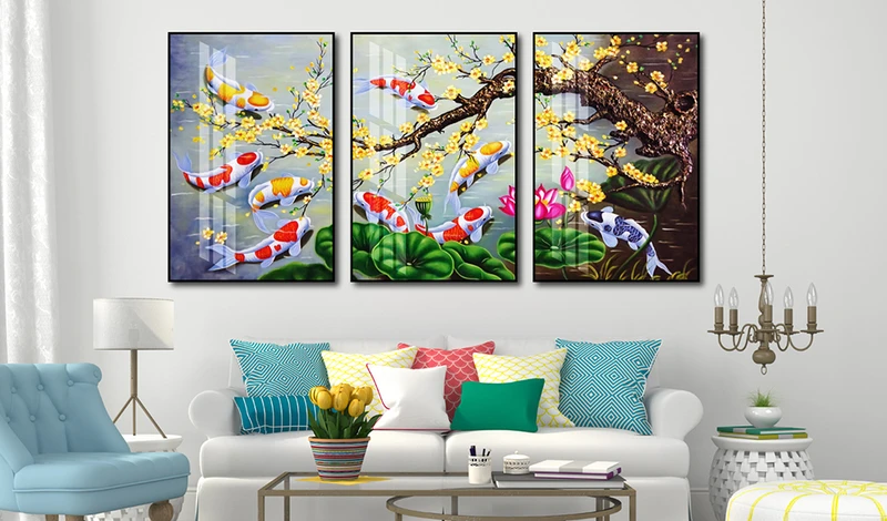 Tranh Cửu Ngư Quần Hội 3D Mai Vàng Bên Ao Sen