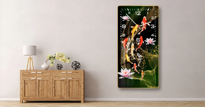 Tranh Đồng Hồ Treo Tường Tráng Gương Cửu Ngư Tung Tăng Cùng Sen Hồng