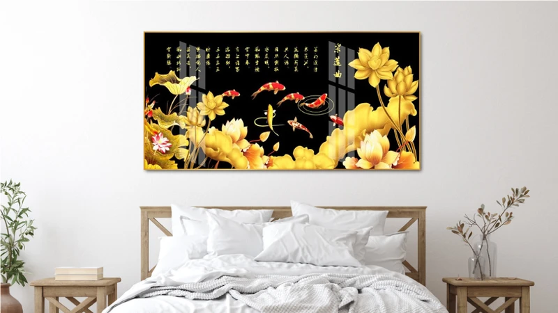 Tranh phong thuỷ cửu ngư và hoa sen vàng
