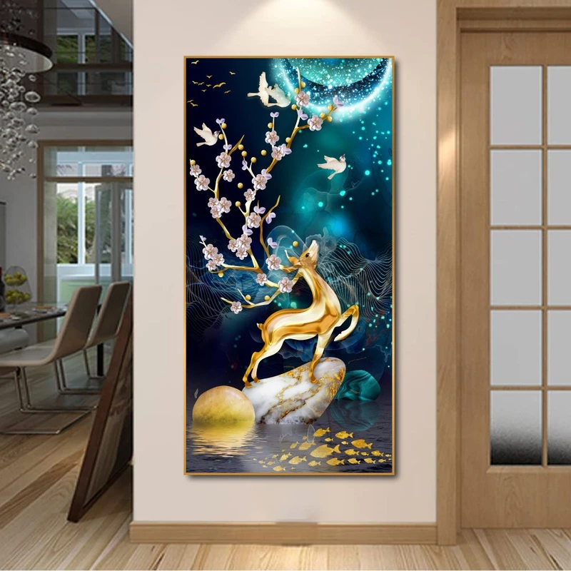 Tranh Treo Tường Nghệ Thuật Hươu Vàng Dưới Ánh Trăng