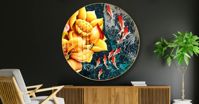 Tranh Tròn Tráng Gương Cửu Ngư Và Sen Vàng