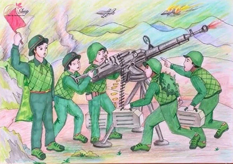 Tranh vẽ các chiến sĩ Điện Biên bắn hạ máy bay của giặc