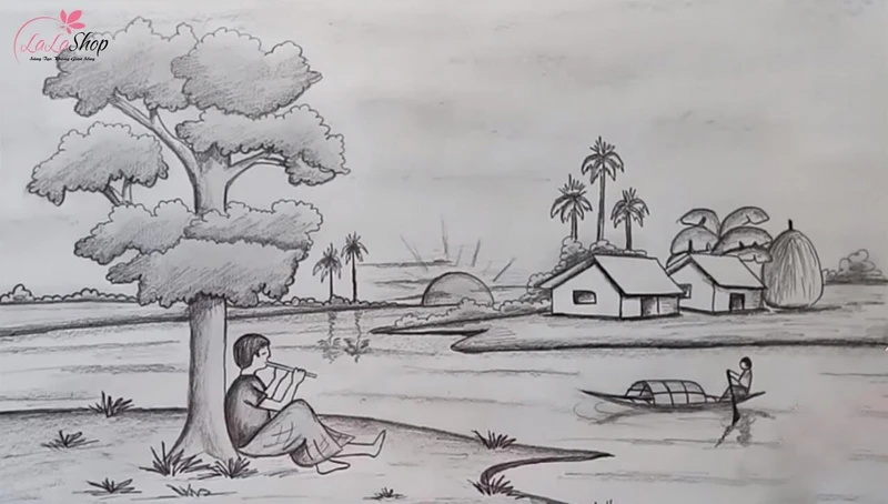 Tranh vẽ cậu bé thổi sáo bên bờ sông