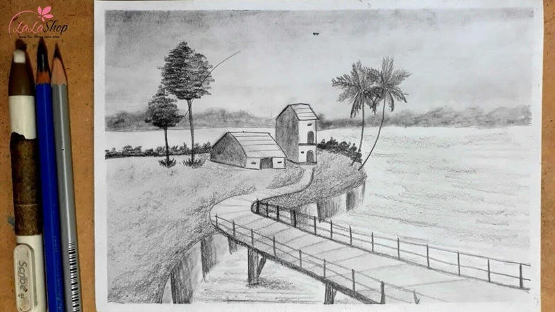 Tranh vẽ cây cầu của làng