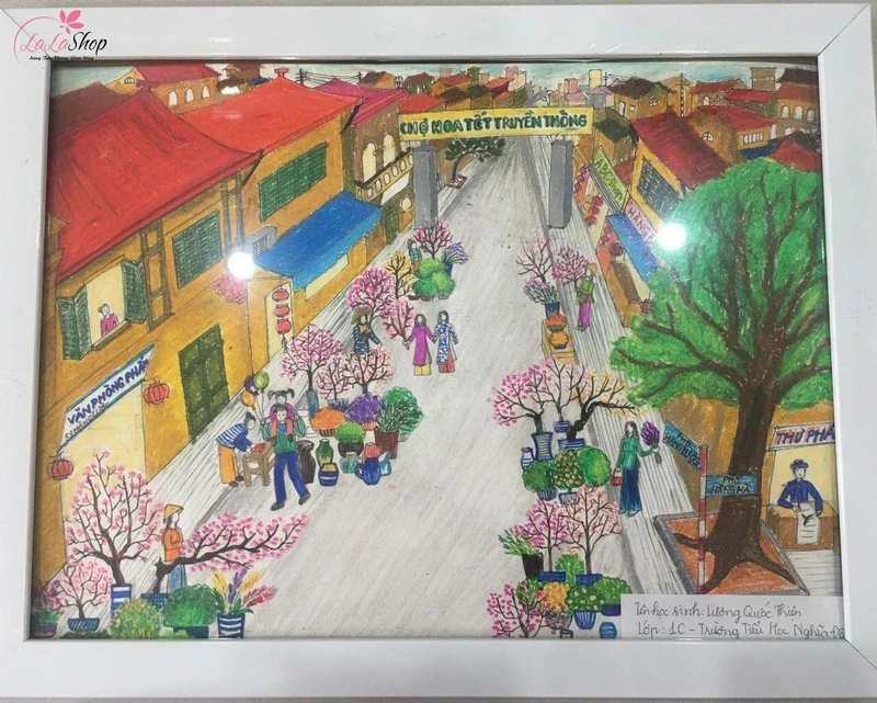 Tranh vẽ chợ hoa truyền thống Hà Nội