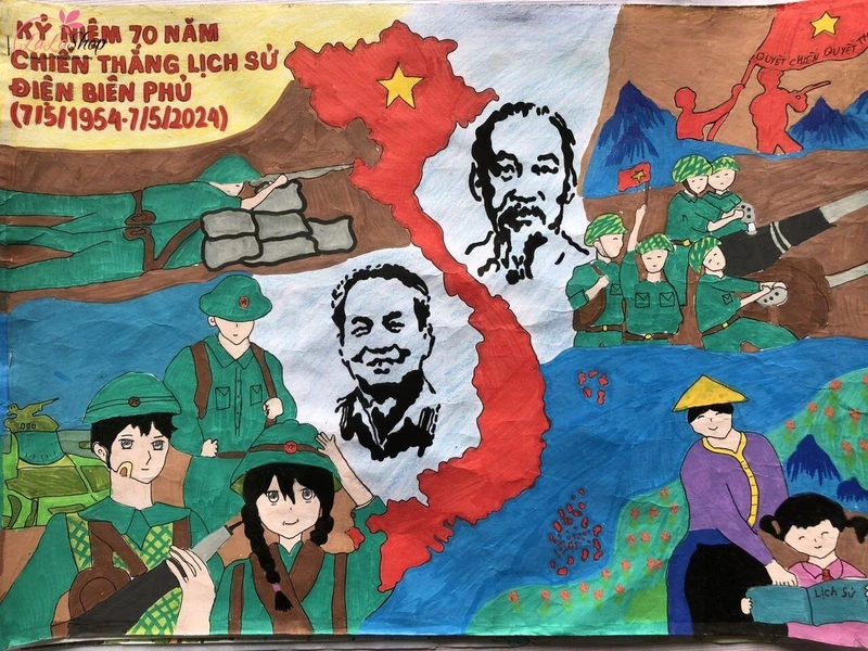 Tranh vẽ Điện Biên Phủ - Đại tướng Võ Nguyên Giáp và Chủ tịch Hồ Chí Minh