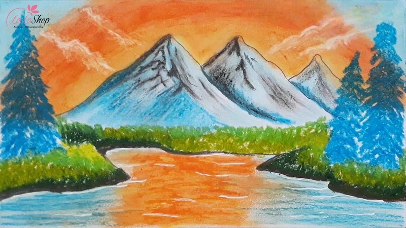 Tranh đỉnh núi và hoàng hôn