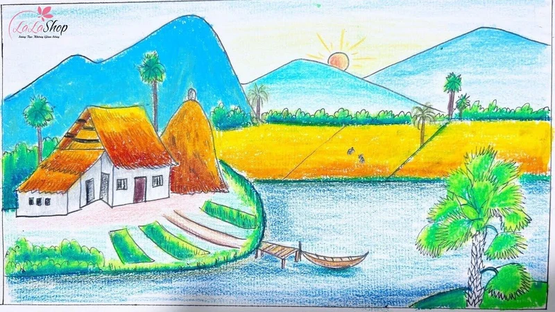 Tranh vẽ làng quê và đồi núi