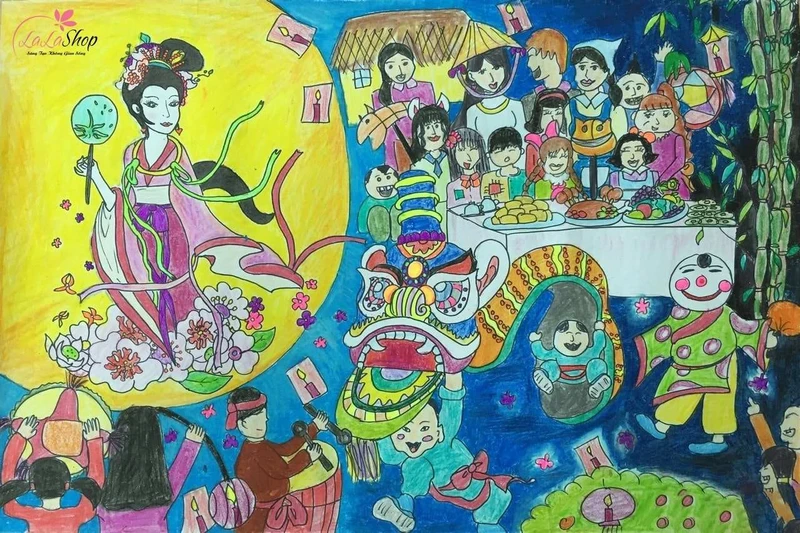 Tranh vẽ Lễ hội Trung thu và chị Hằng