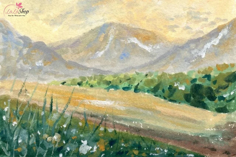 Tranh vẽ núi và đường làng bằng màu nước