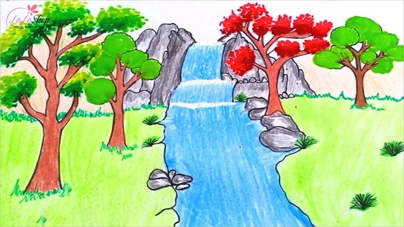 Tranh vẽ núi và thác nước bên rừng cây