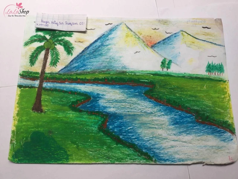 Tranh vẽ phong cảnh núi và dòng sông xanh