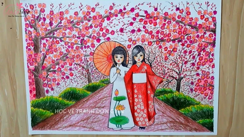 Tranh vẽ rừng hoa anh đào