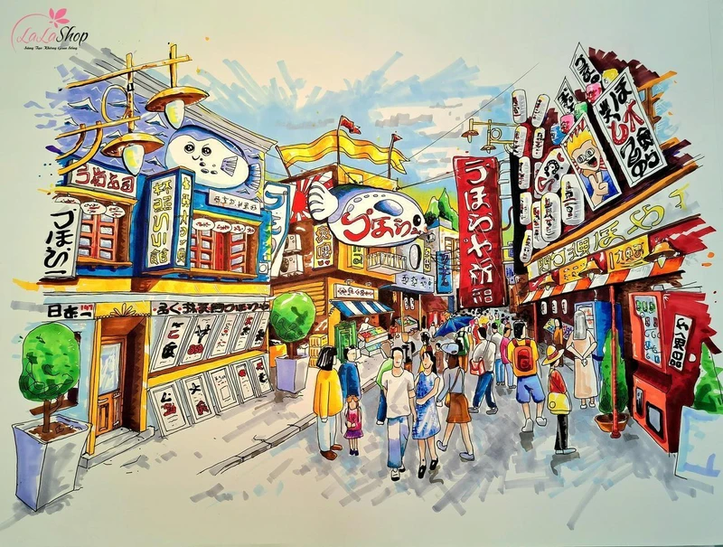 Tranh vẽ thành phố Osaka nhộn nhịp