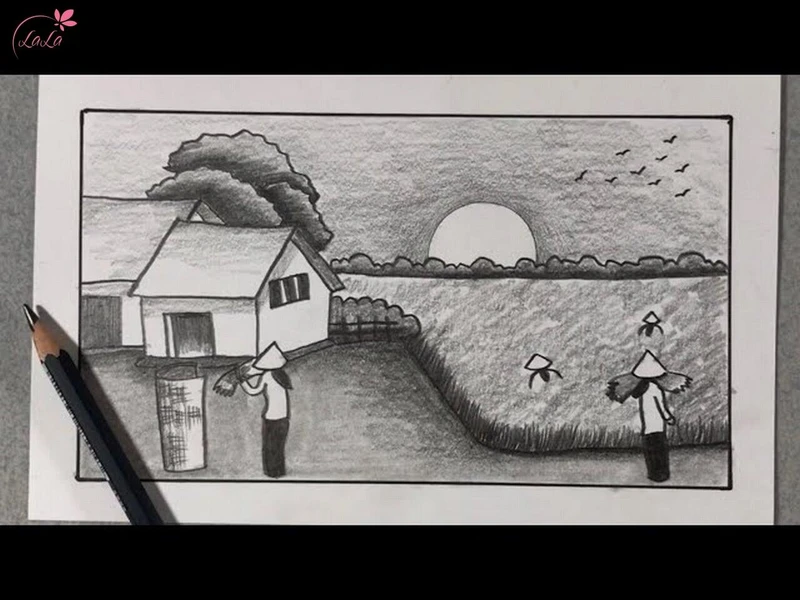 Tranh vẽ thôn nữ gặt lúa