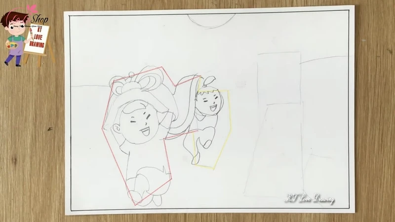 Vẽ 2 cậu bé múa lân