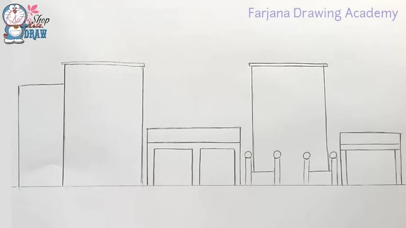 Vẽ các tòa nhà, cửa hàng cao thấp khác nhau