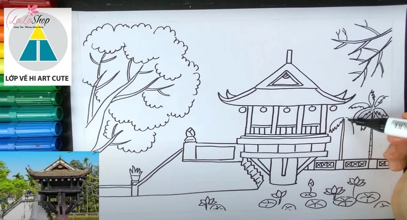 Vẽ chi tiết phong cảnh xung quanh chùa
