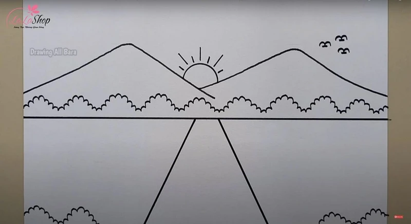 Vẽ núi, đường, cây và bầu trời