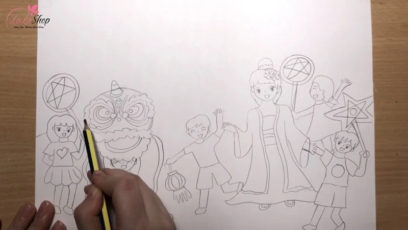 Vẽ thêm các bạn nhỏ để không khí lễ hội thêm vui