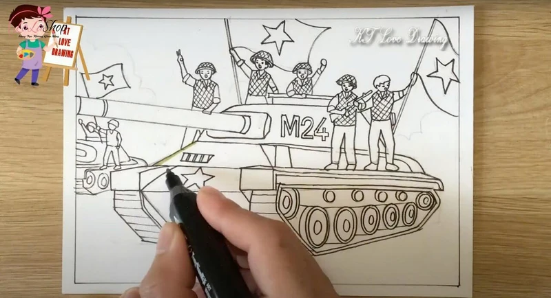 Vẽ thêm chiếc xe tăng nhỏ khác và viền lại các chi tiết