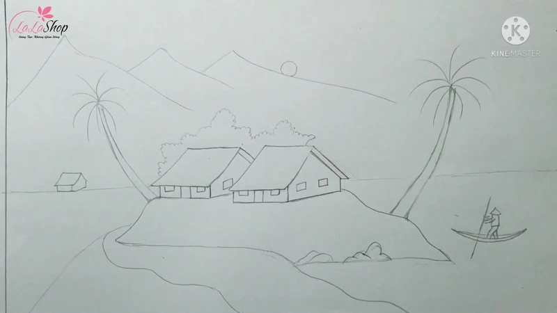 Vẽ thêm khung cảnh xung quanh với núi, sông, và thuyền