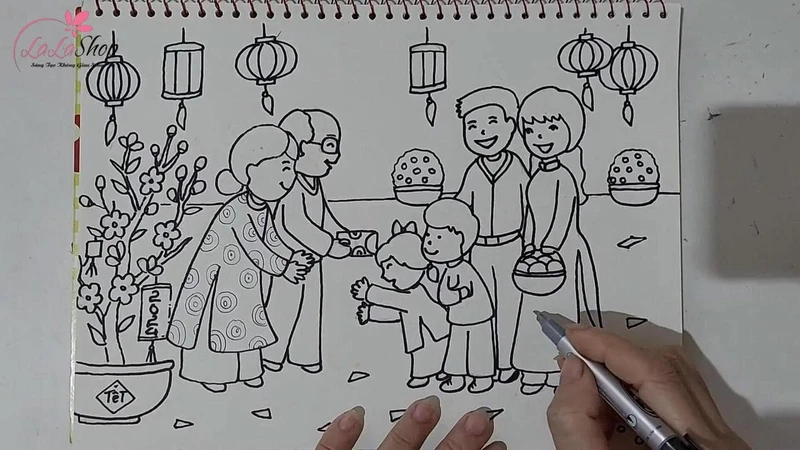 Viền các chi tiết trong tranh với bút đen