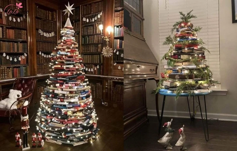 Xếp sách cũ thành cây thông Noel