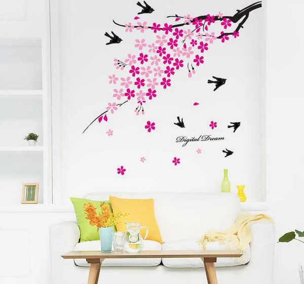 Cành đào hồng và chim én mùa xuân