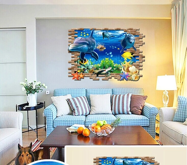 Decal 3D dán tường Đại dương cá heo